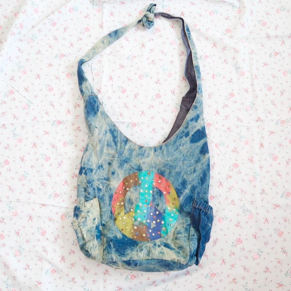 vintage y2k tie dye peace sign shoulder bag studded hobo